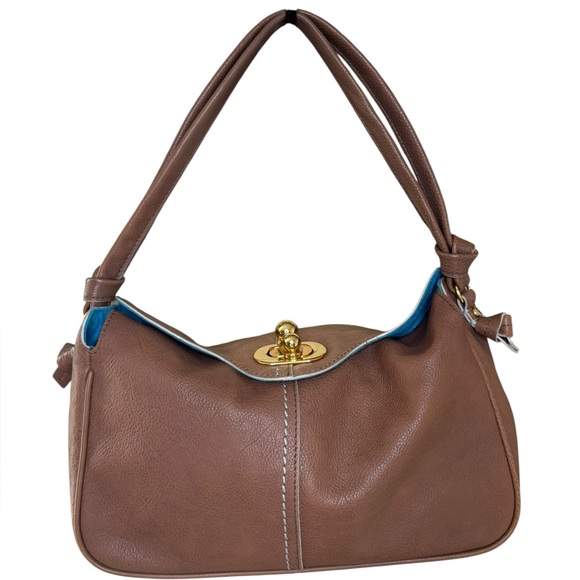 Tre Vero Handbags - Tre Vero Brown Shoulder Bag with Blue Trim and Gold Turnlock